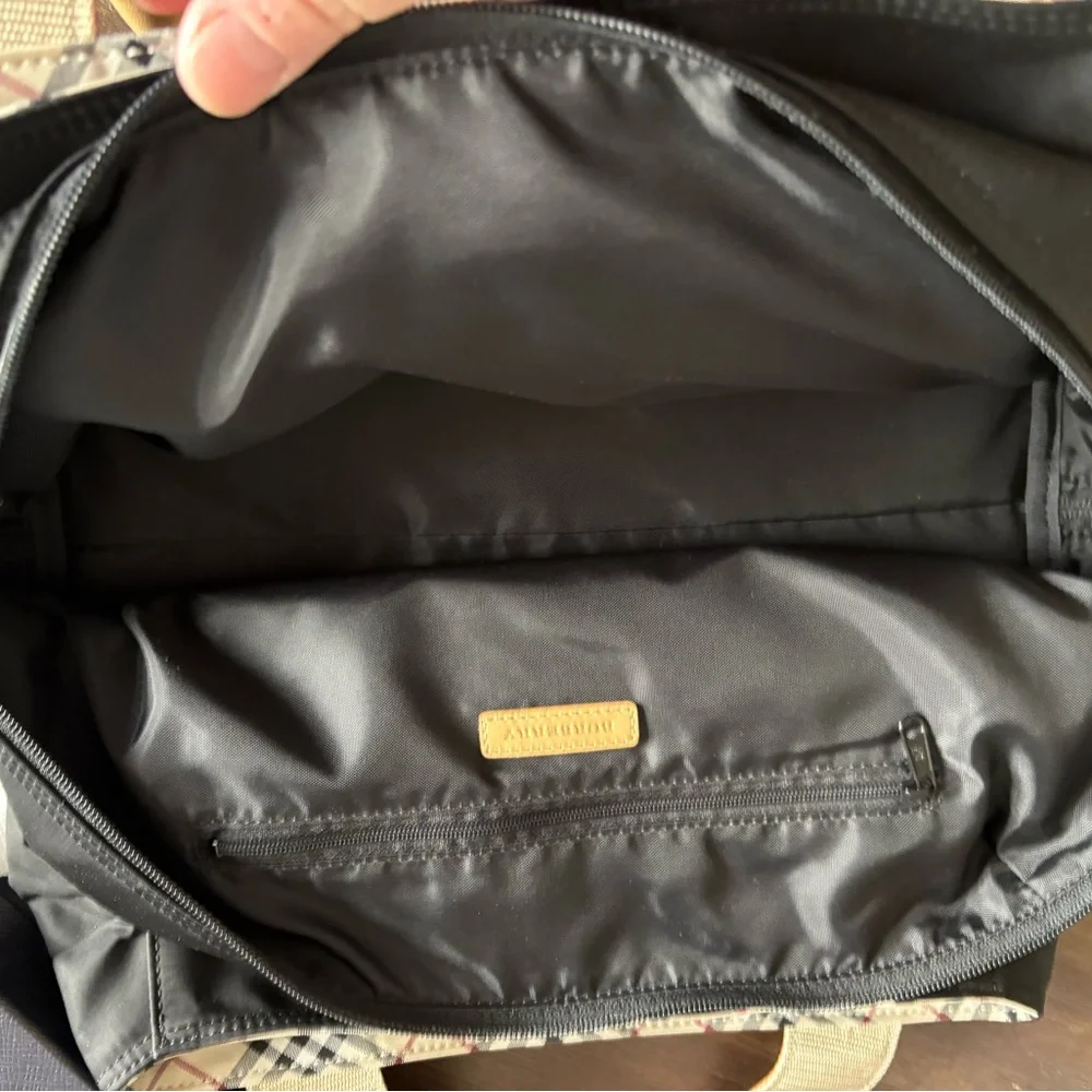 Burberry Black Canvas Tote/ Tan Leather Handles with Nova Check Bottom/Interior - Picture 4 of 16
